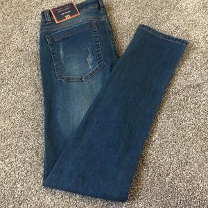 Medium wash, distressed, skinny jeans
